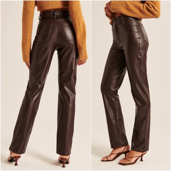 Abercrombie & Fitch The 90s Straight ultra high rise Vegan Leather Pants 27/4L - Picture 3 of 14